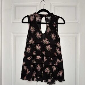 Y2K American Eagle Womens S Sleeveless Black Floral High Neck Top Romantic Goth